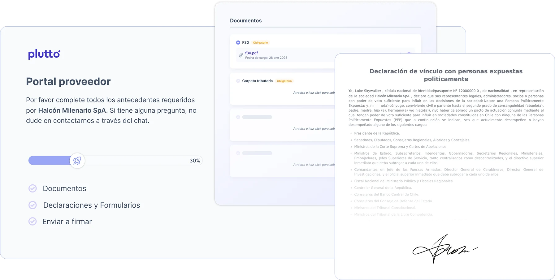 Portal del proveedor en Plutto: carga de documentos como el F30 y la Carpeta Tributaria, declaraciones y firma electrónica