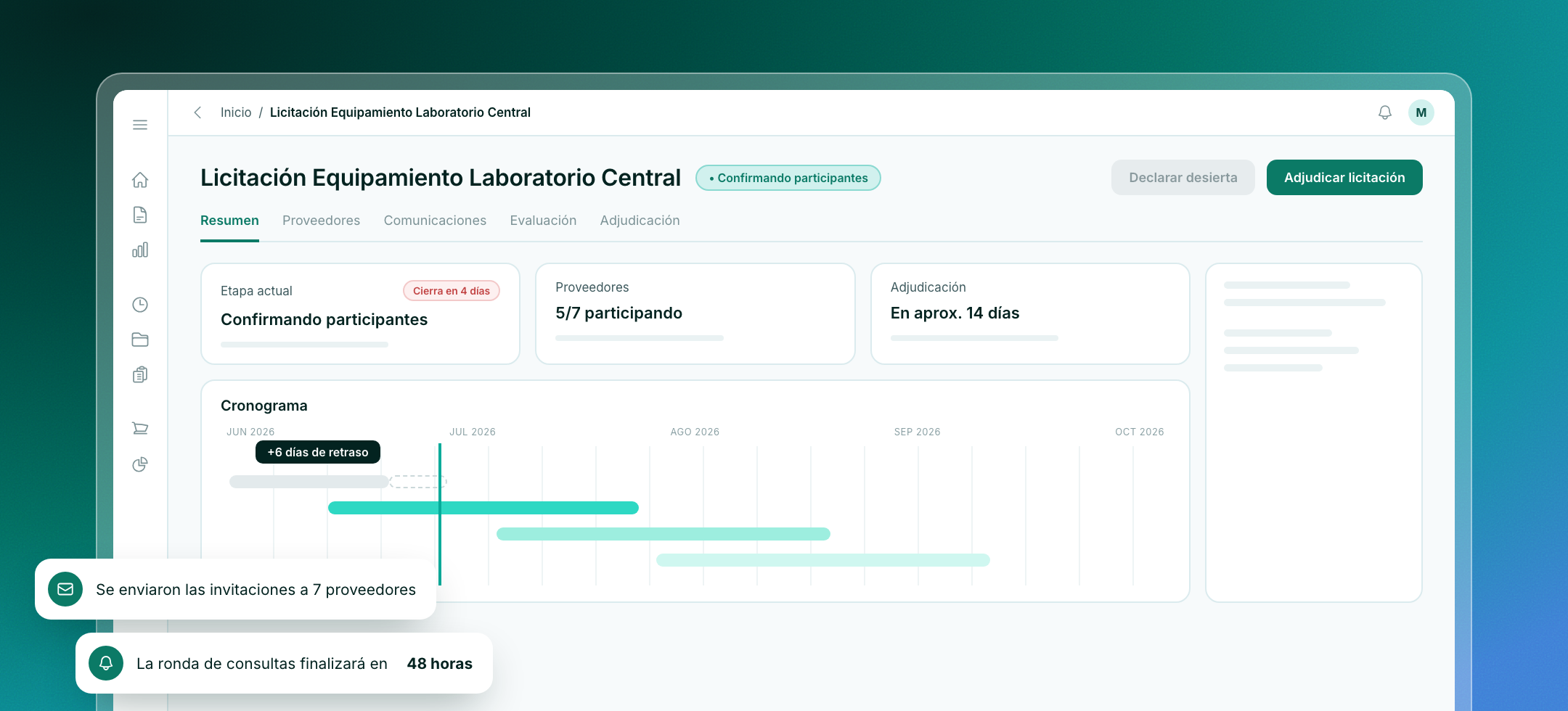 Plataforma de licitaciones privadas de Plutto: vista de una licitaci&oacute;n con etapa actual, proveedores participando, cronograma y notificaciones de plazo